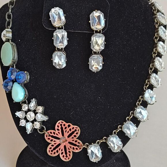 Plunder Crystal Statement Necklace Earrings Set Floral Briolette Jewelry Gift - Picture 2 of 16